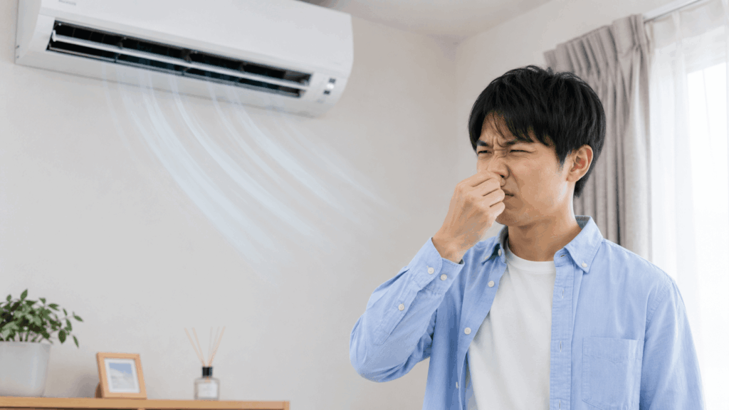 エアコンからの臭いに鼻をおさえる男性
