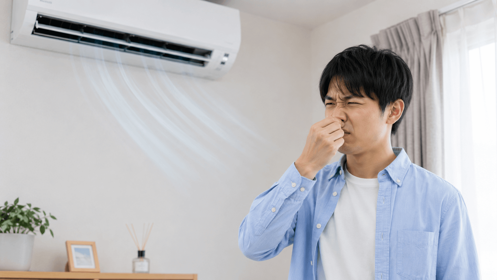 エアコンからの臭いに鼻をおさえる男性
