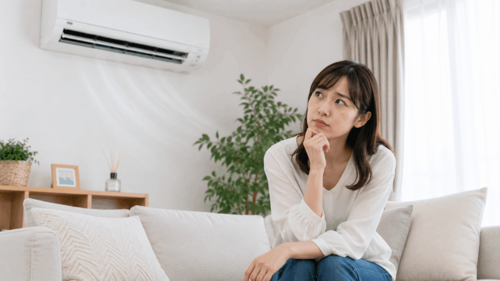 ソファーに座り考える若い女性