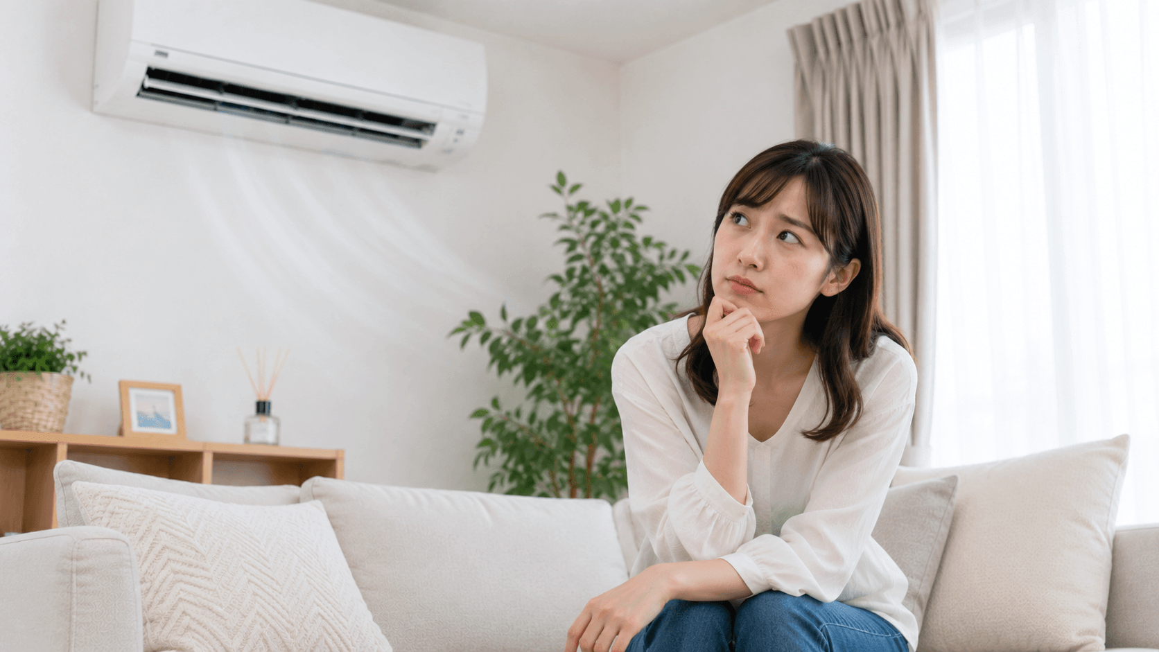 ソファーに座り考える若い女性