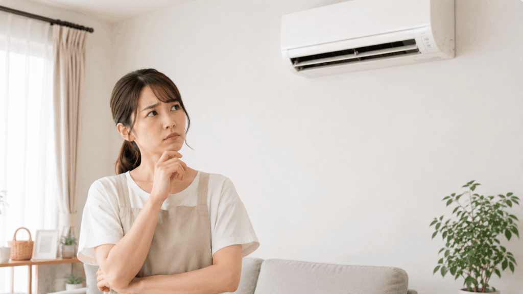 エアコンを見て考え事をする主婦