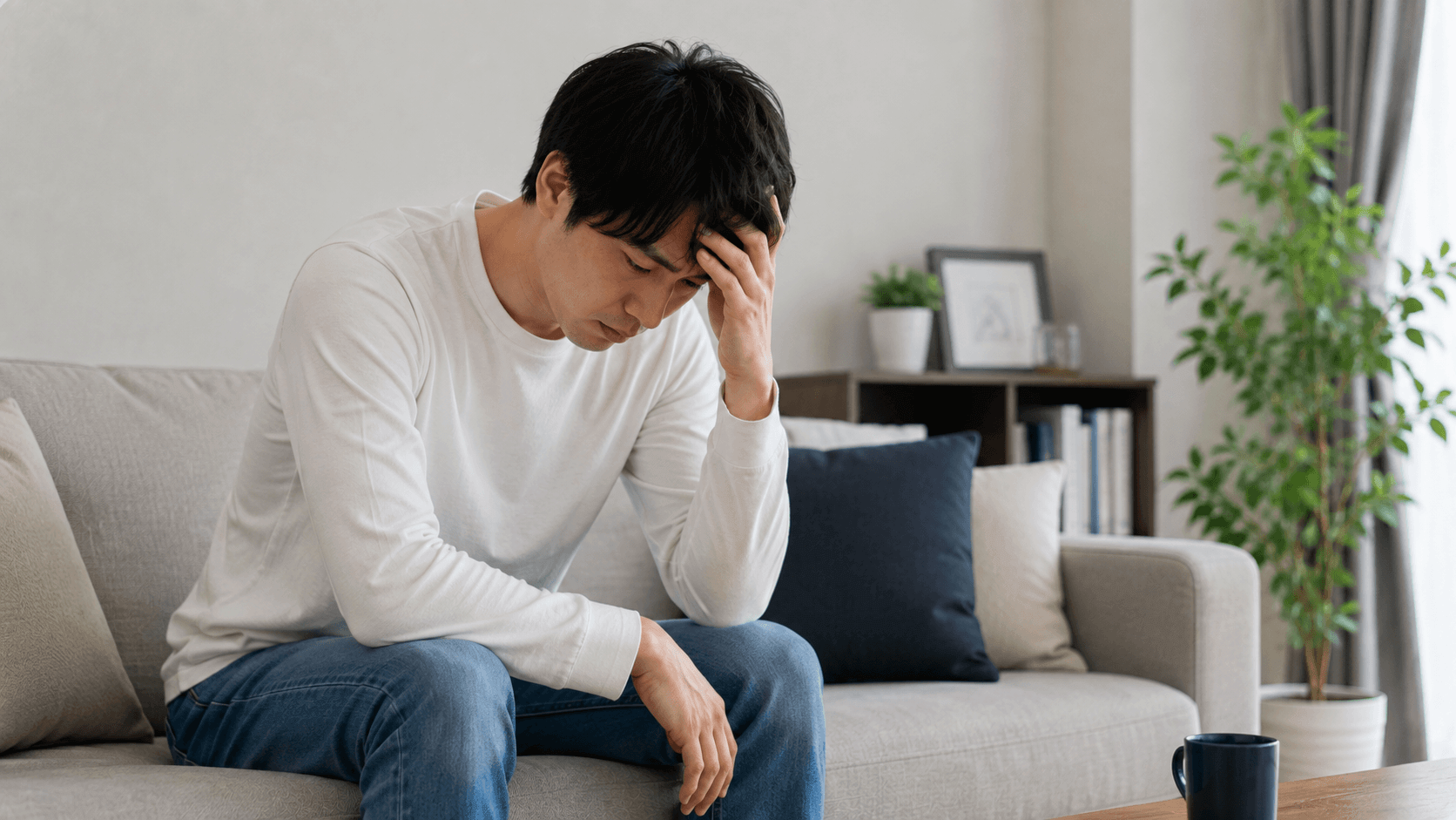 頭に手を置いて落ち込む若い男性