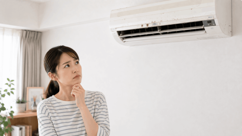 故障したエアコンを見つめる主婦