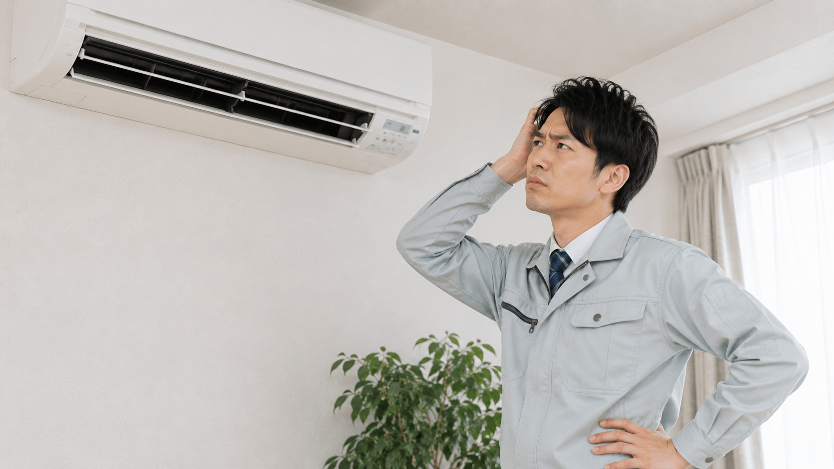 エアコンを見て頭を抑える作業着姿の男性