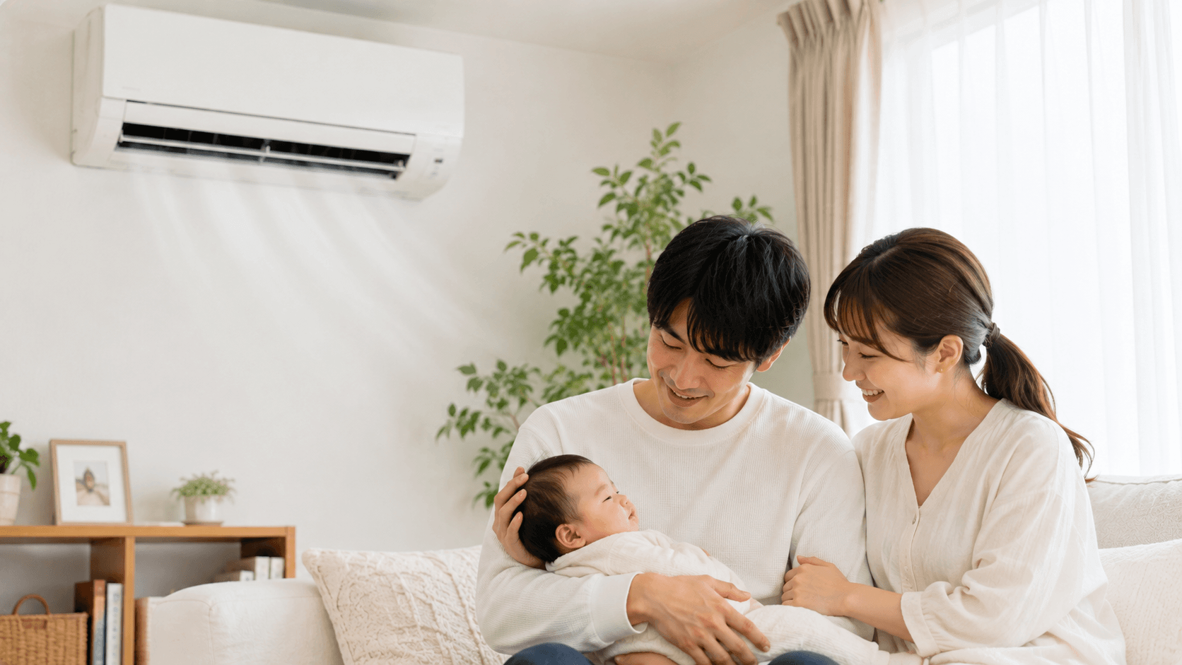エアコンの効いた部屋で赤ちゃんをあやす夫婦