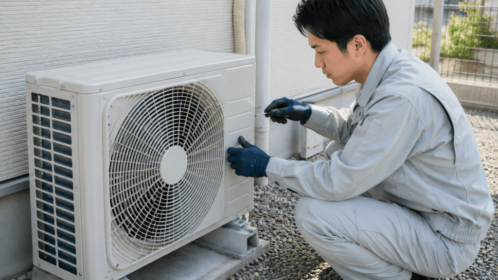 室外機の確認をする作業着姿の男性