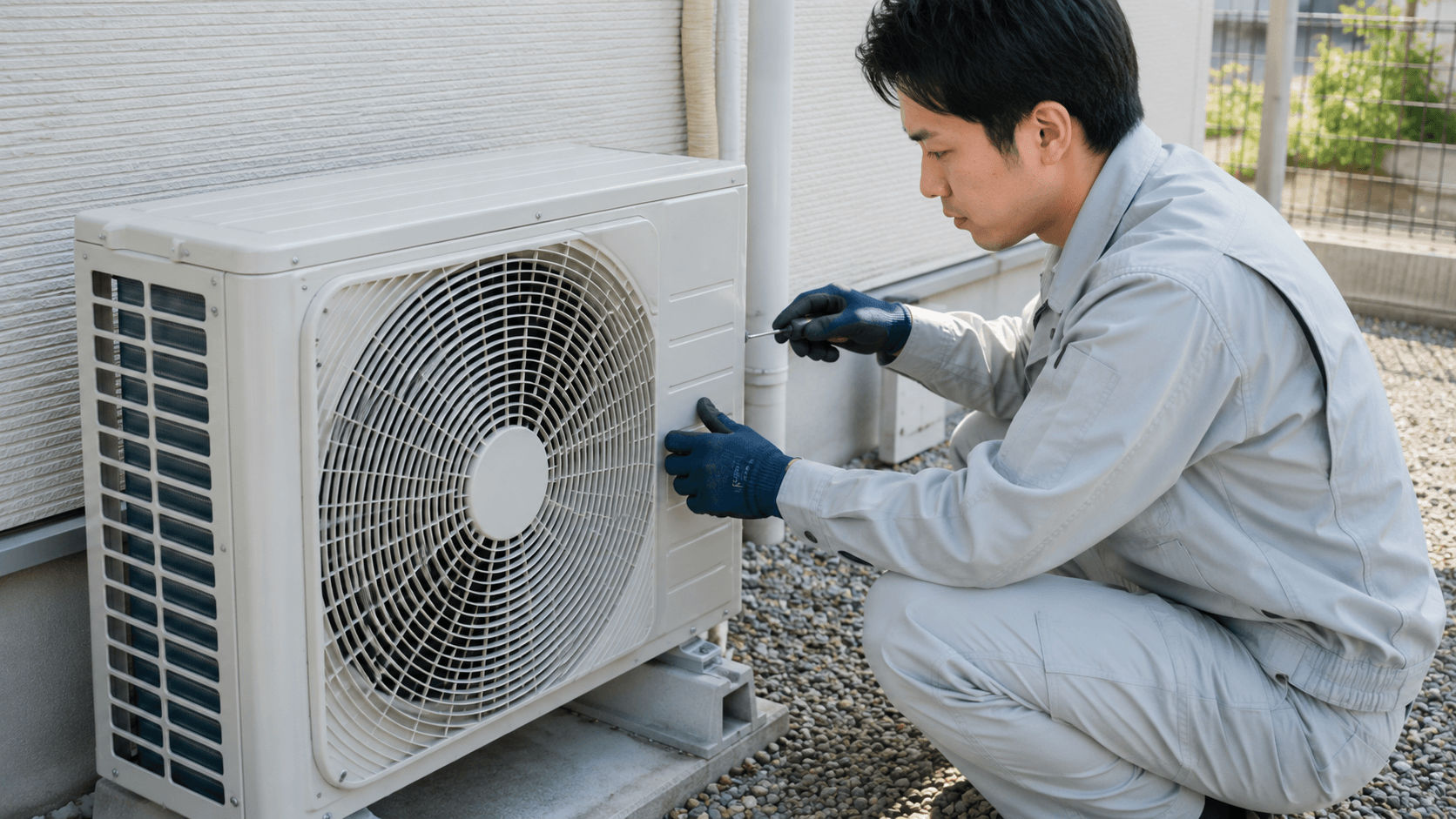 室外機の確認をする作業着姿の男性
