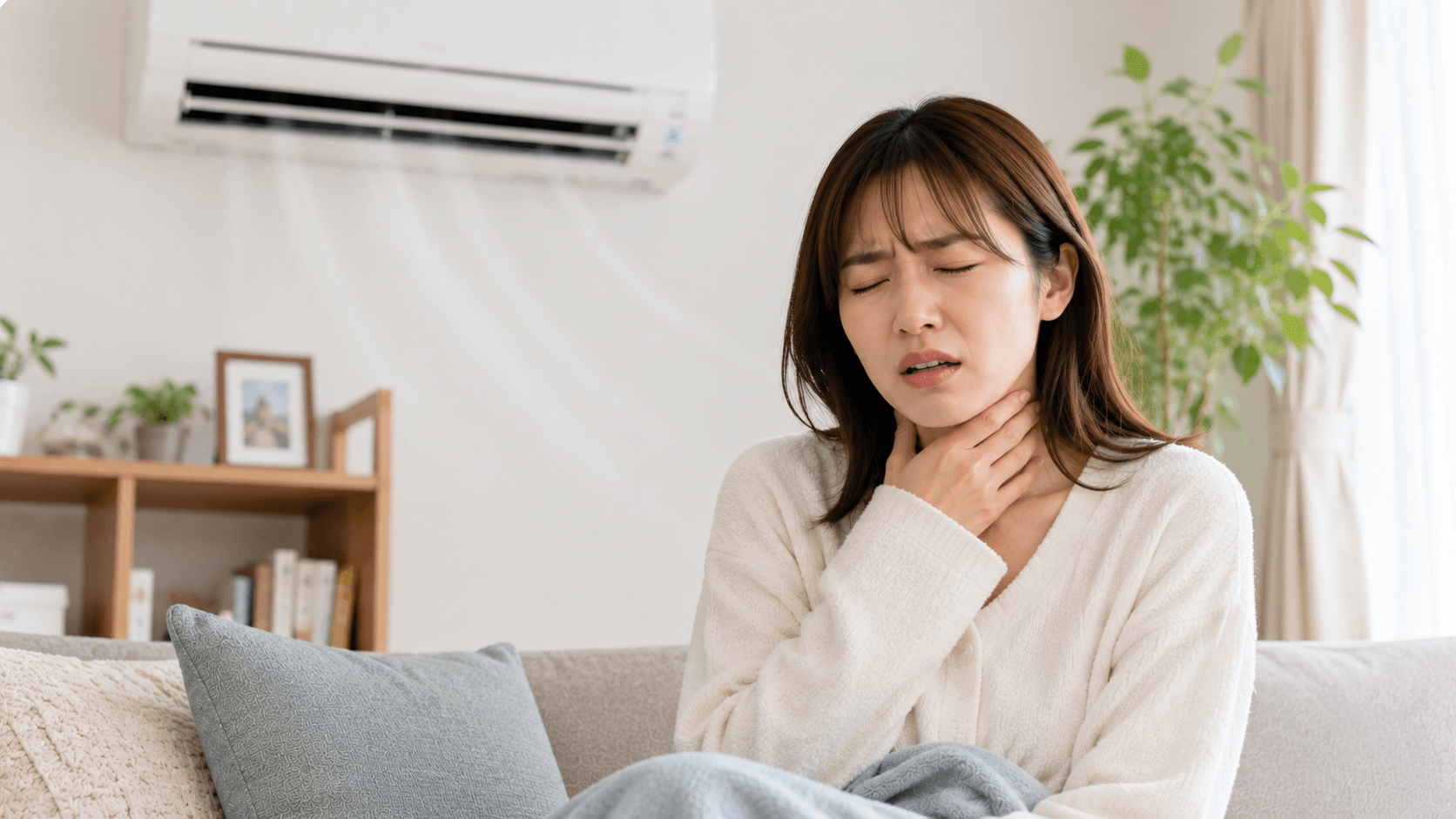 室内で喉を抑える若い女性