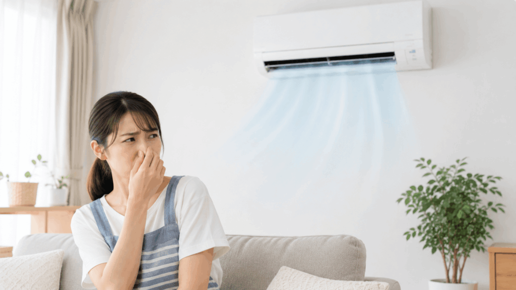 エアコンからの酸っぱい臭いに鼻を抑える女性
