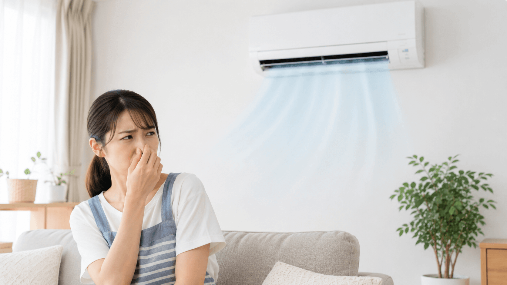 エアコンからの酸っぱい臭いに鼻を抑える女性