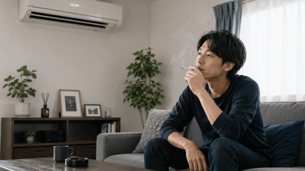 エアコンの効いた室内でタバコを吸う男性