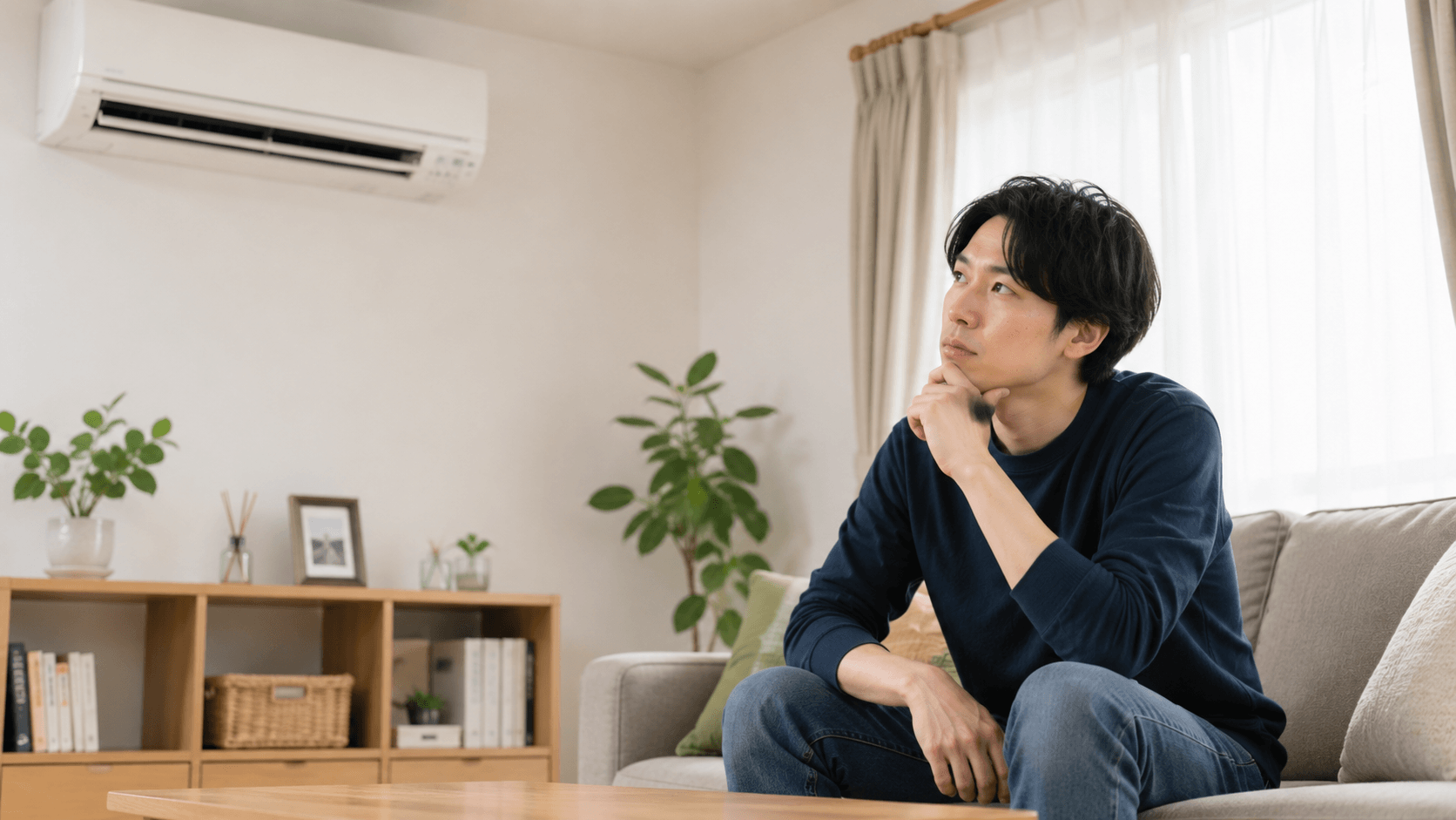 エアコンを見て考える若い男性