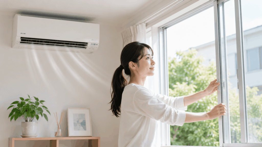エアコンを稼働させ室内を換気する主婦