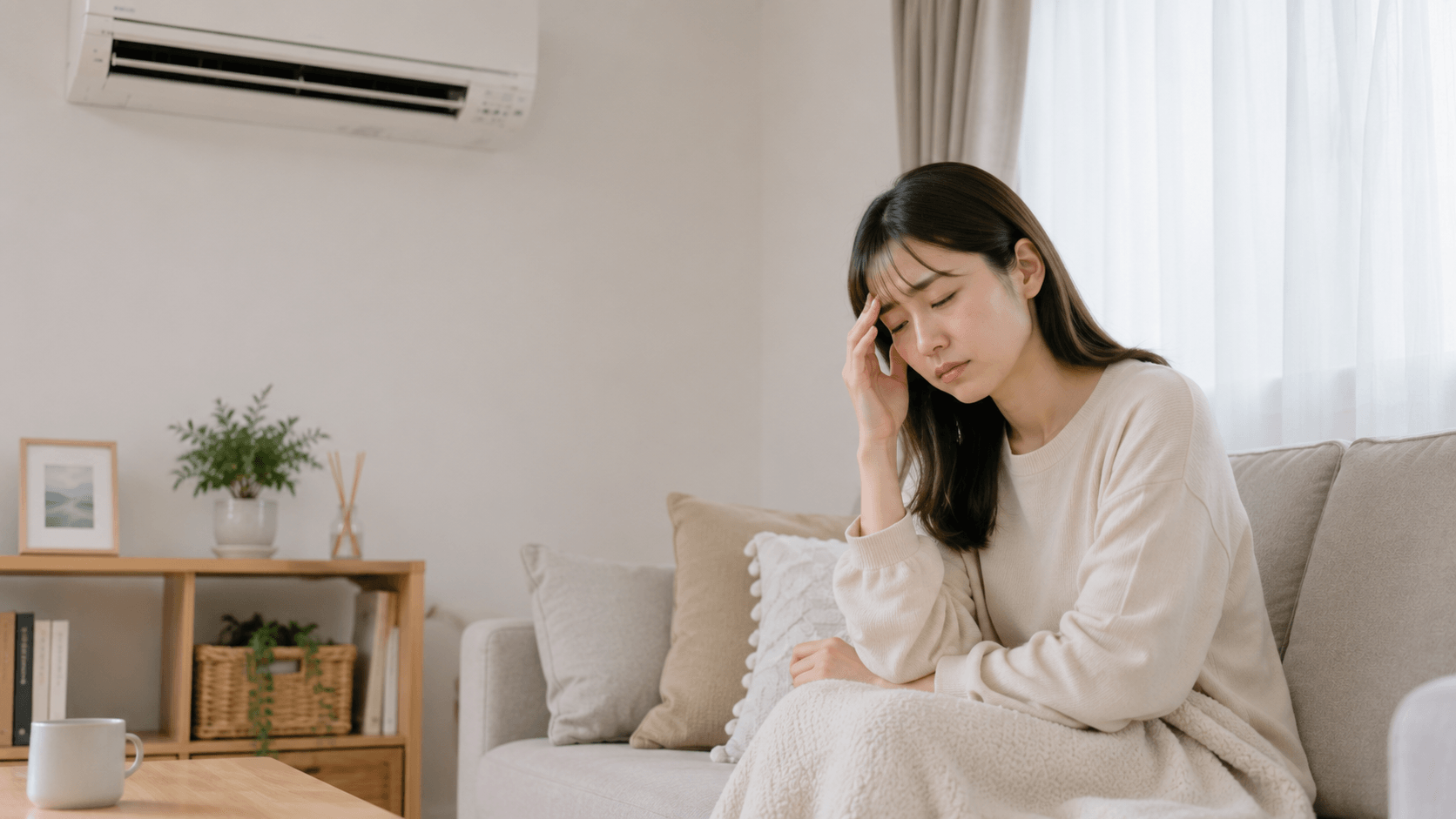 冷房をつけて頭が痛くなる若い女性