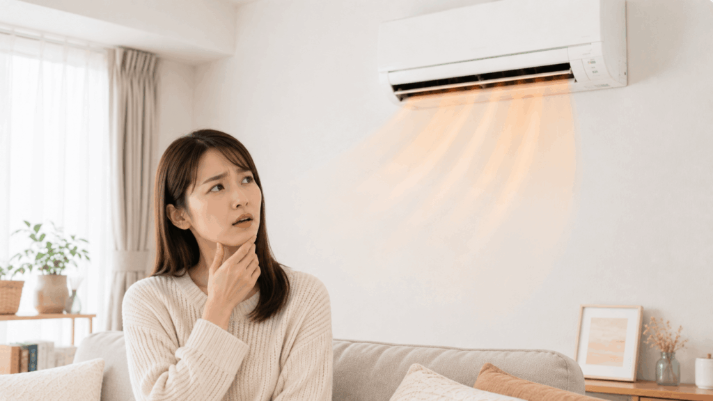 暖房からの風で乾燥する若い女性