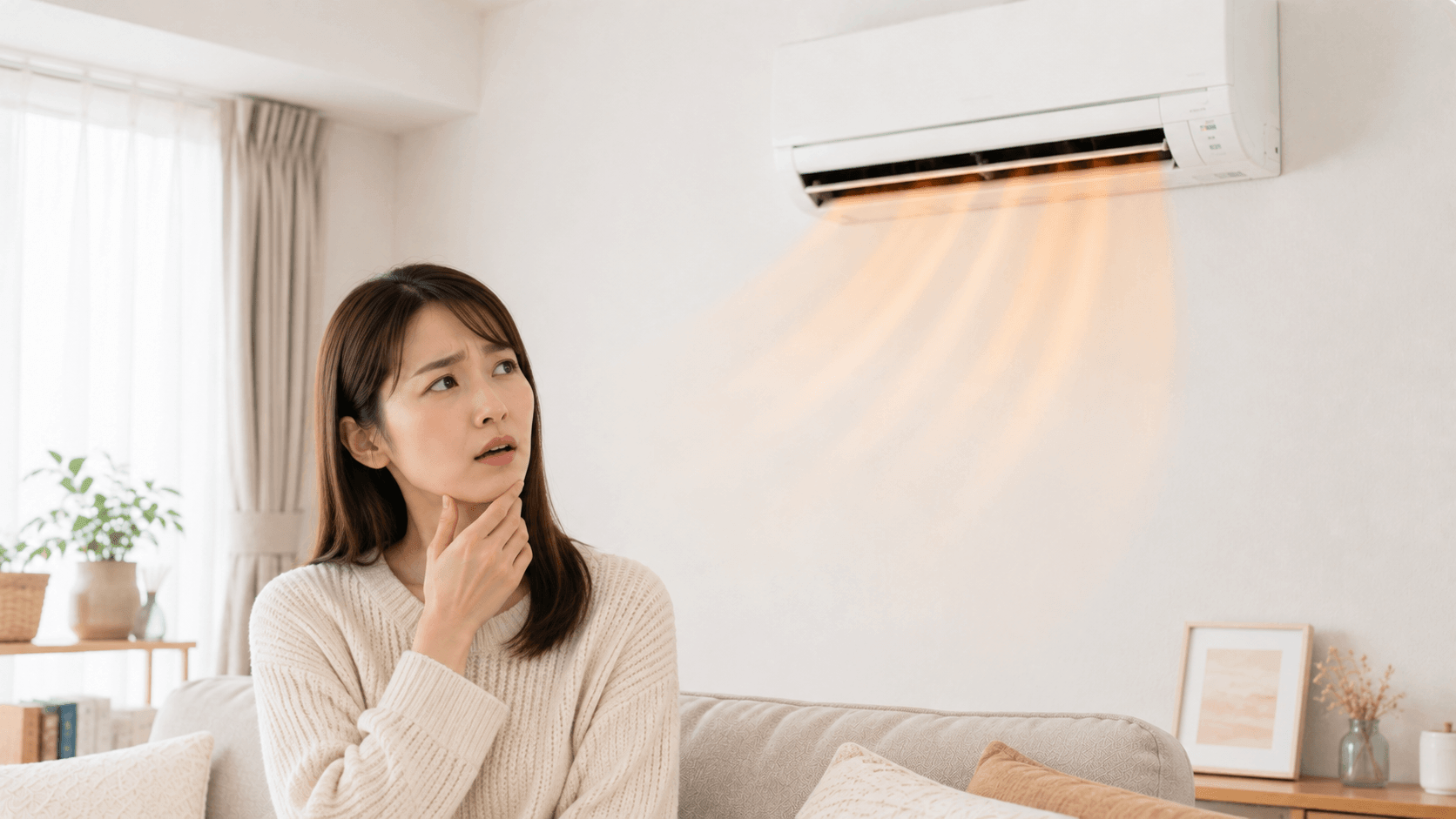 暖房からの風で乾燥する若い女性