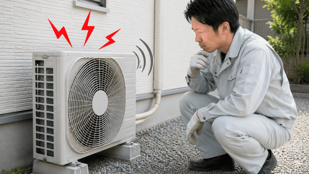 音を出す室外機を見る作業着姿の男性
