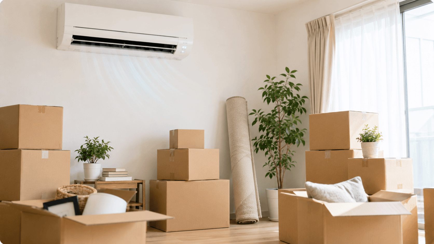 引越し荷物が置かれた部屋に設置されたエアコン