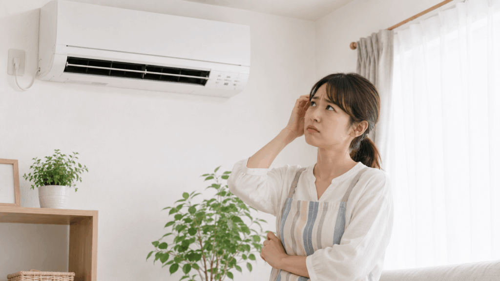 エアコンが止まり困った表情をする女性