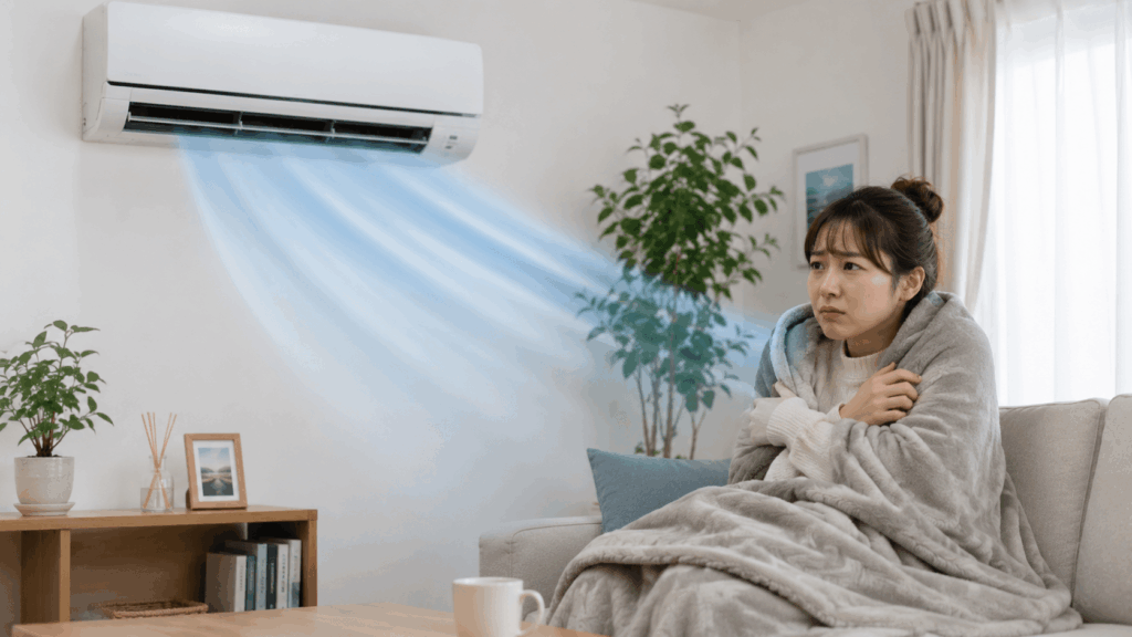 エアコンからの風に寒そうにする若い女性
