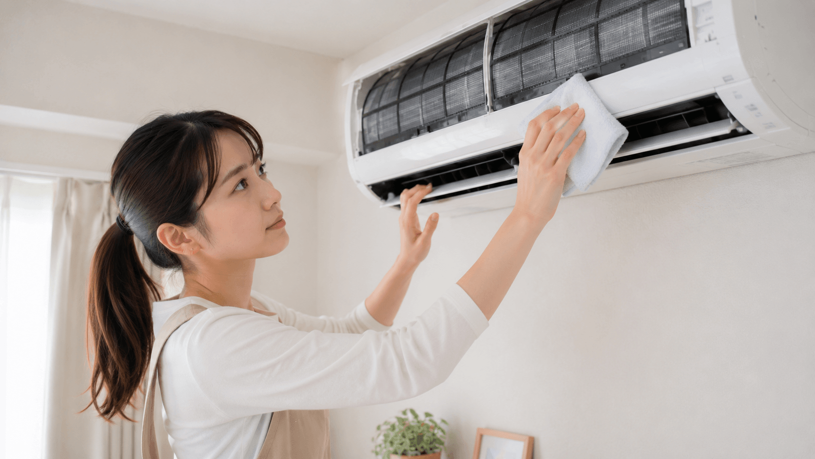 エアコン掃除をする若い主婦