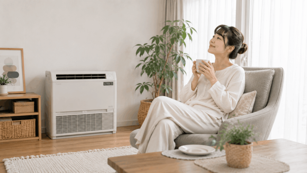 床置きエアコンのある部屋でリラックスする女性