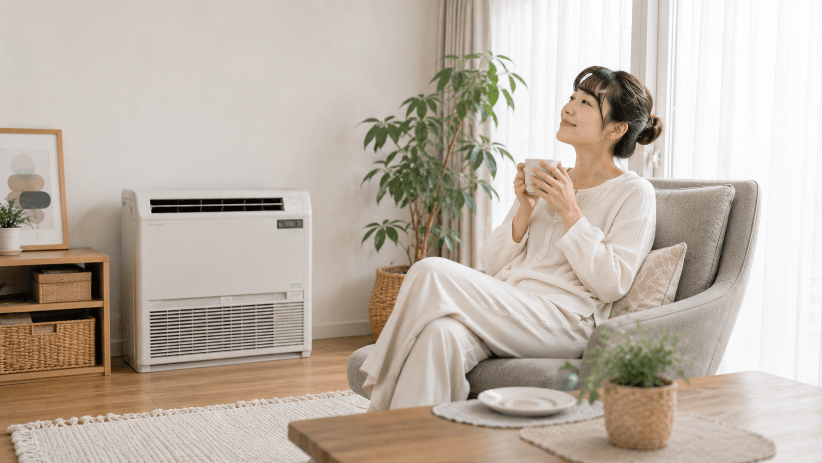 床置きエアコンのある部屋でリラックスする女性