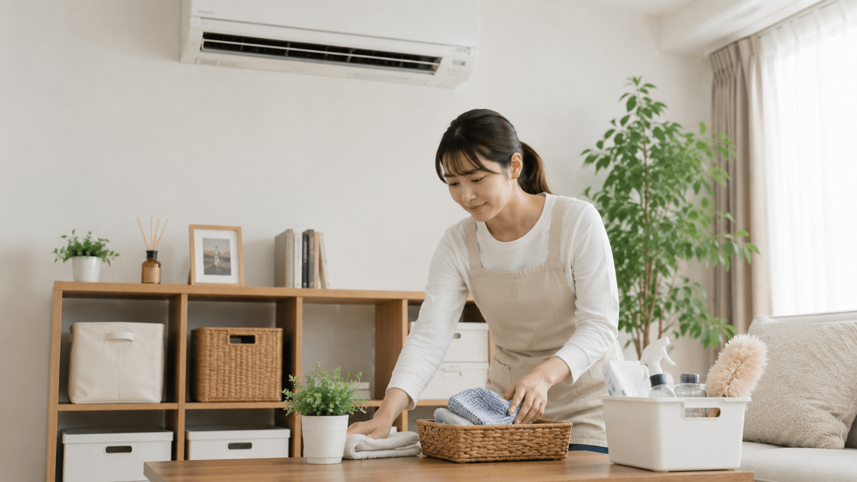 エアコンのある部屋で掃除をする女性