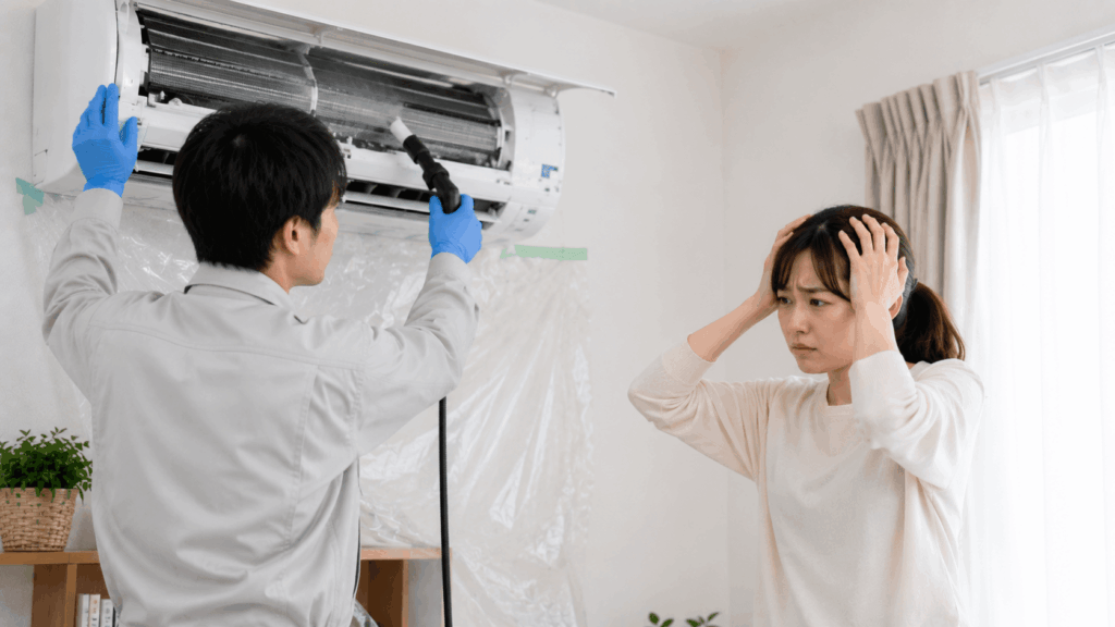 エアコン掃除でのトラブルに頭を抱える女性