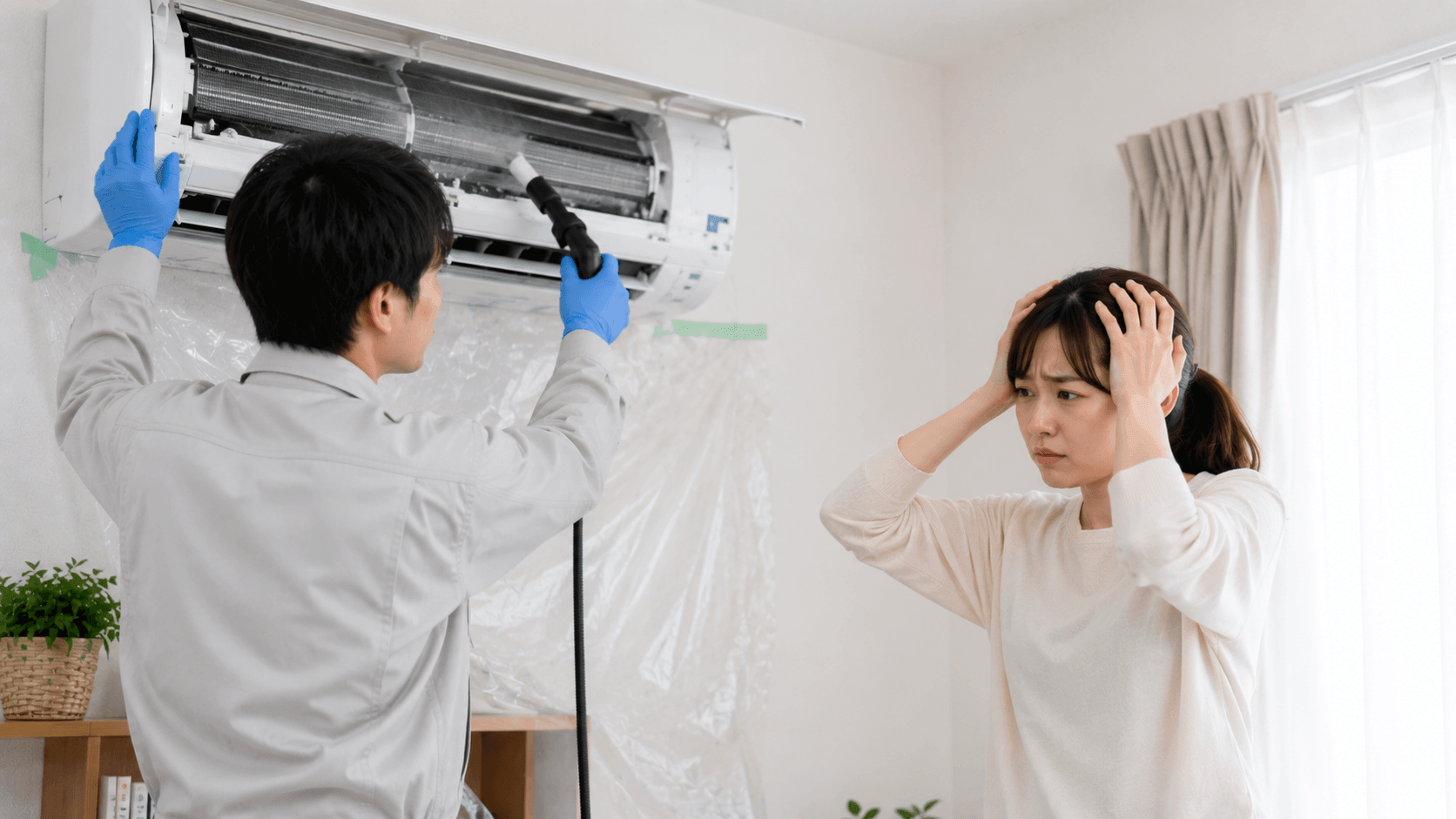 エアコン掃除でのトラブルに頭を抱える女性