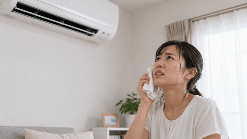 除湿機能が効かずに暑そうな表情をする女性