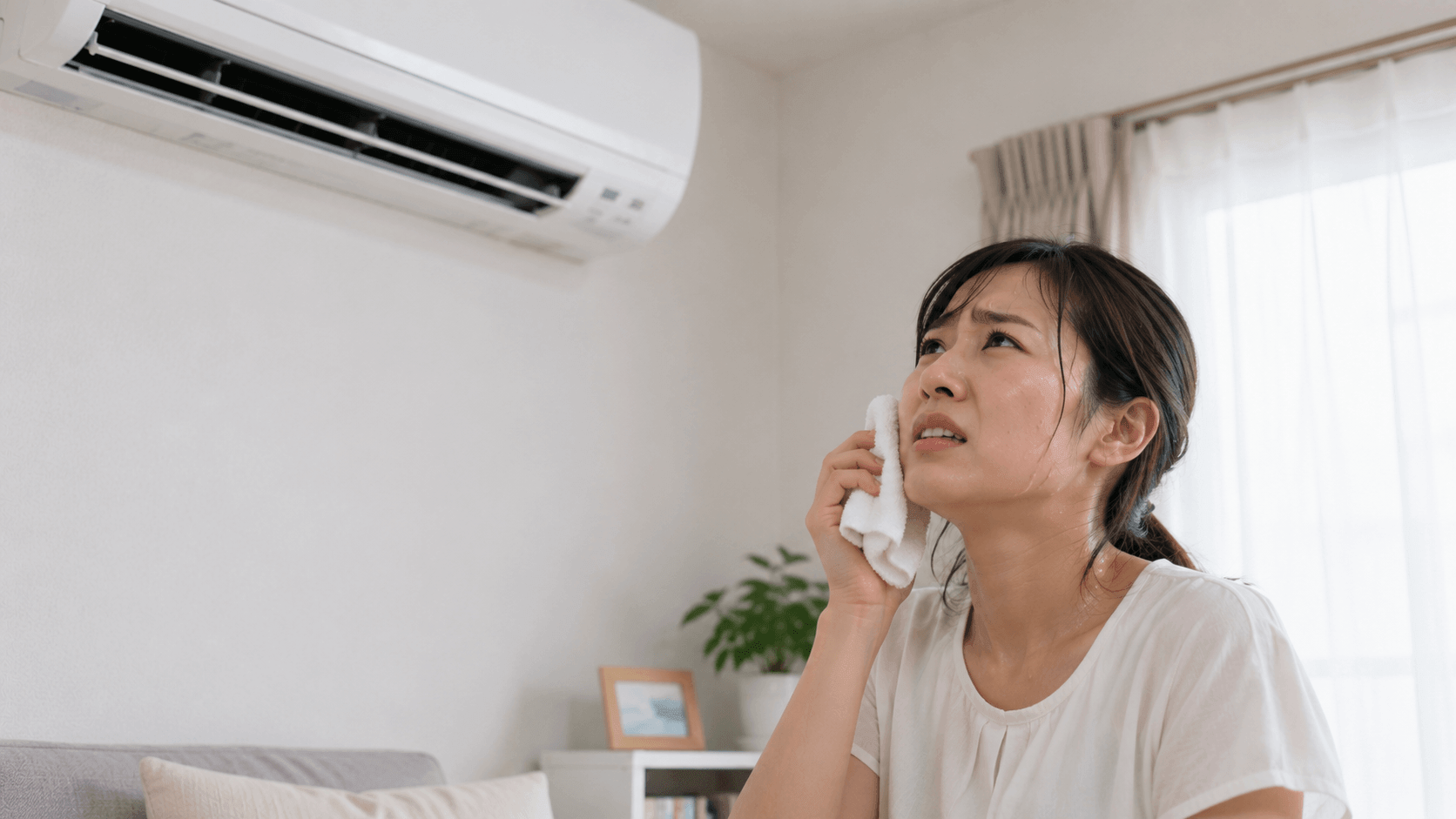 除湿機能が効かずに暑そうな表情をする女性