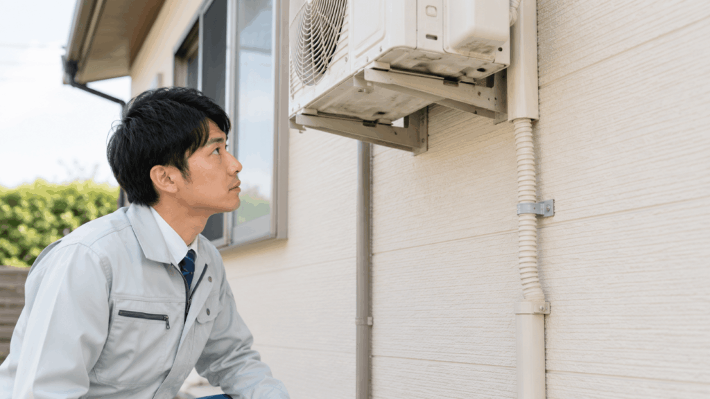 エアコンのドレンホースを確認する作業着姿の男性