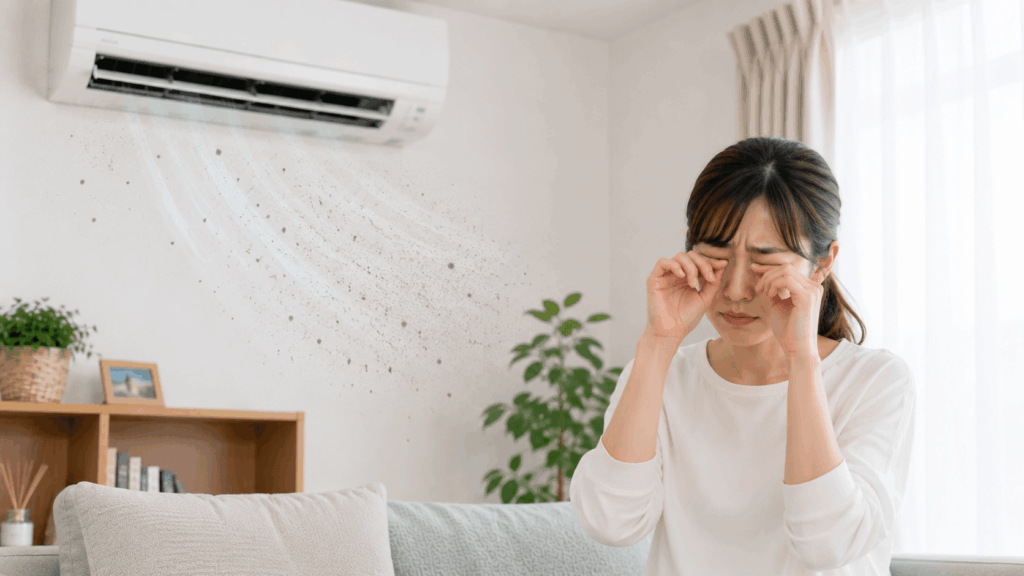 室内で目を擦る若い女性