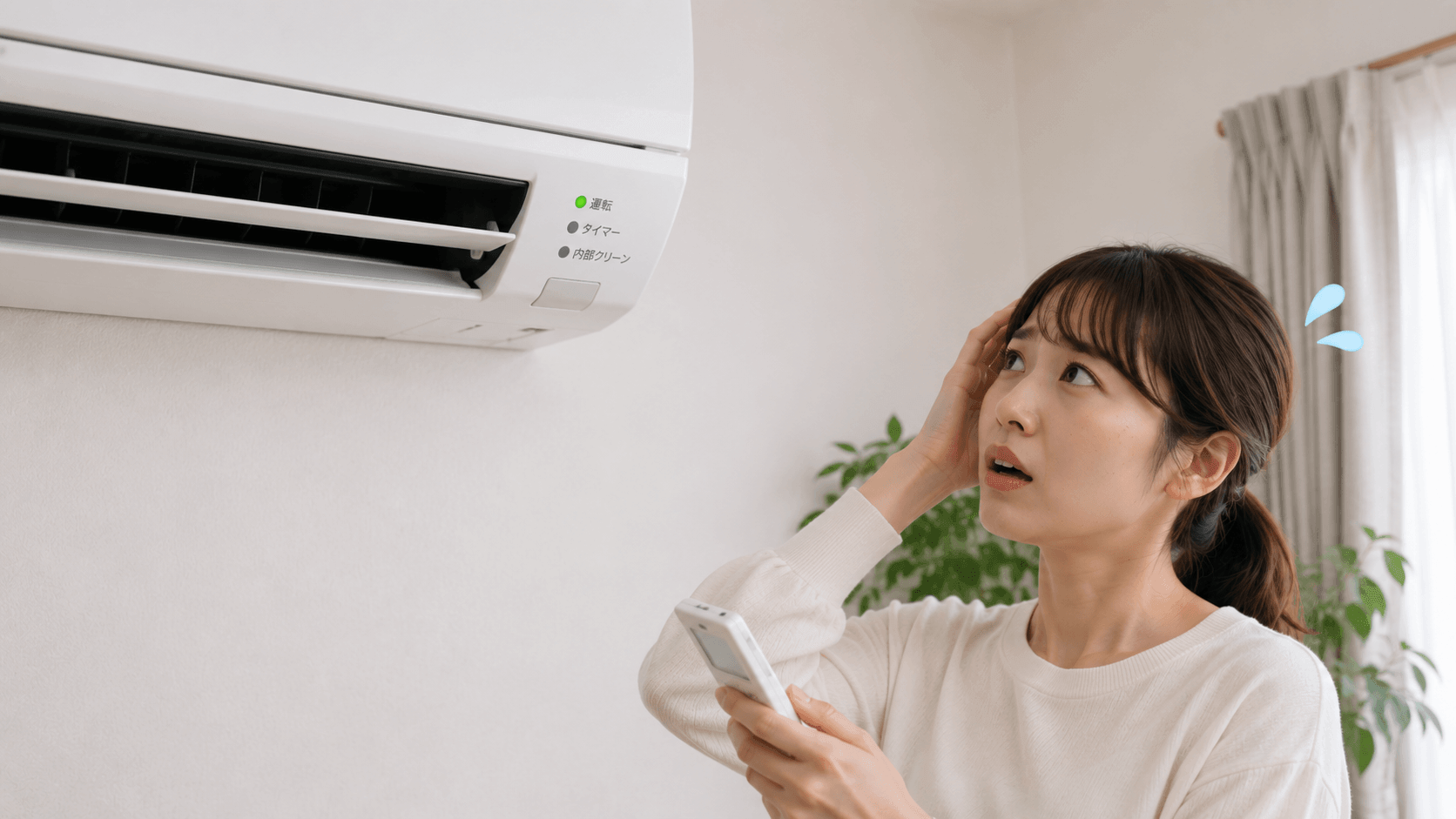 エアコンのランプが点滅し困惑する女性