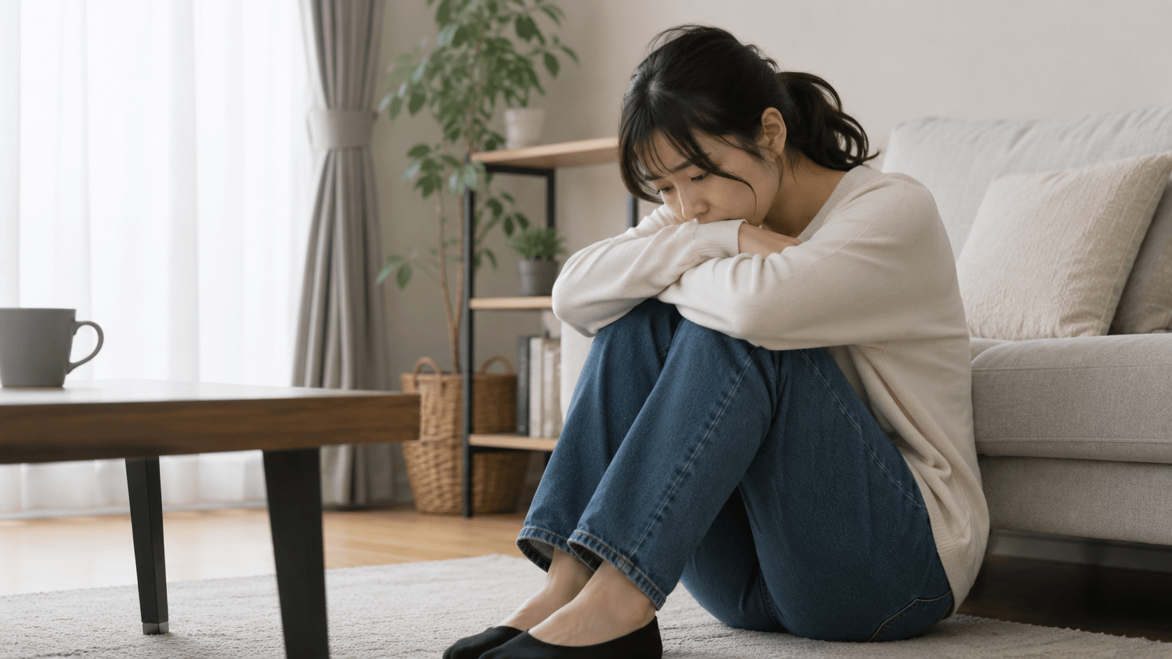 部屋で落ち込む若い女性