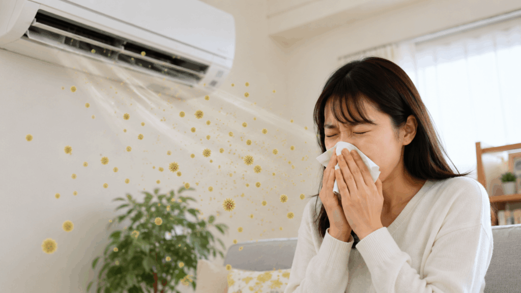 エアコンから入ってくる花粉にくしゃみをする女性