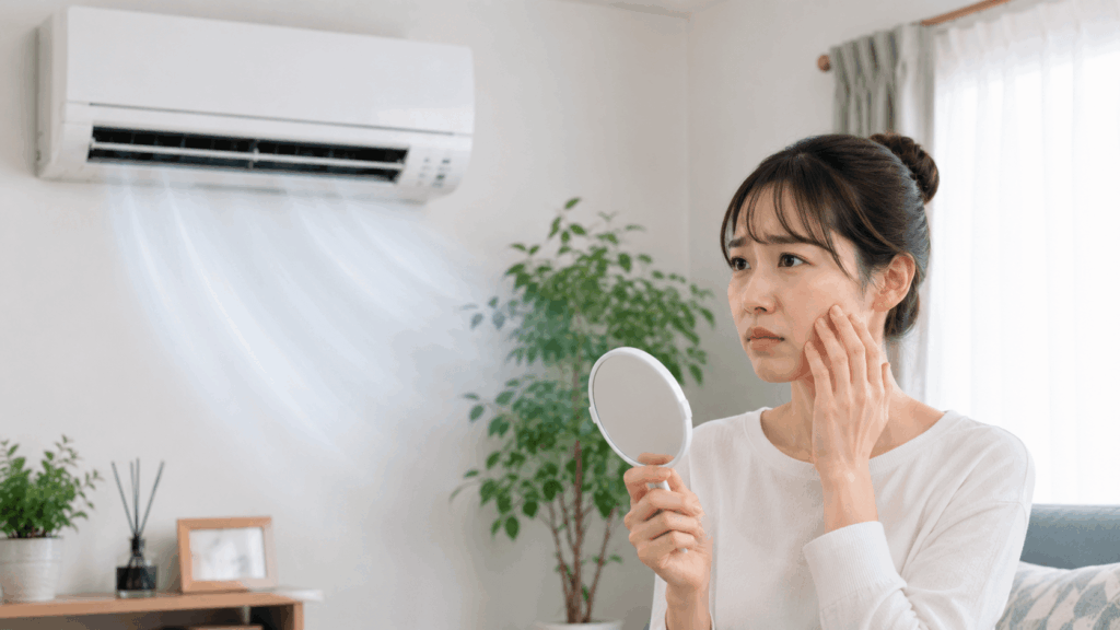 鏡を見て肌の乾燥を心配する女性