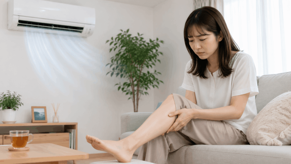 ふくらはぎを触りむくみを確認する女性