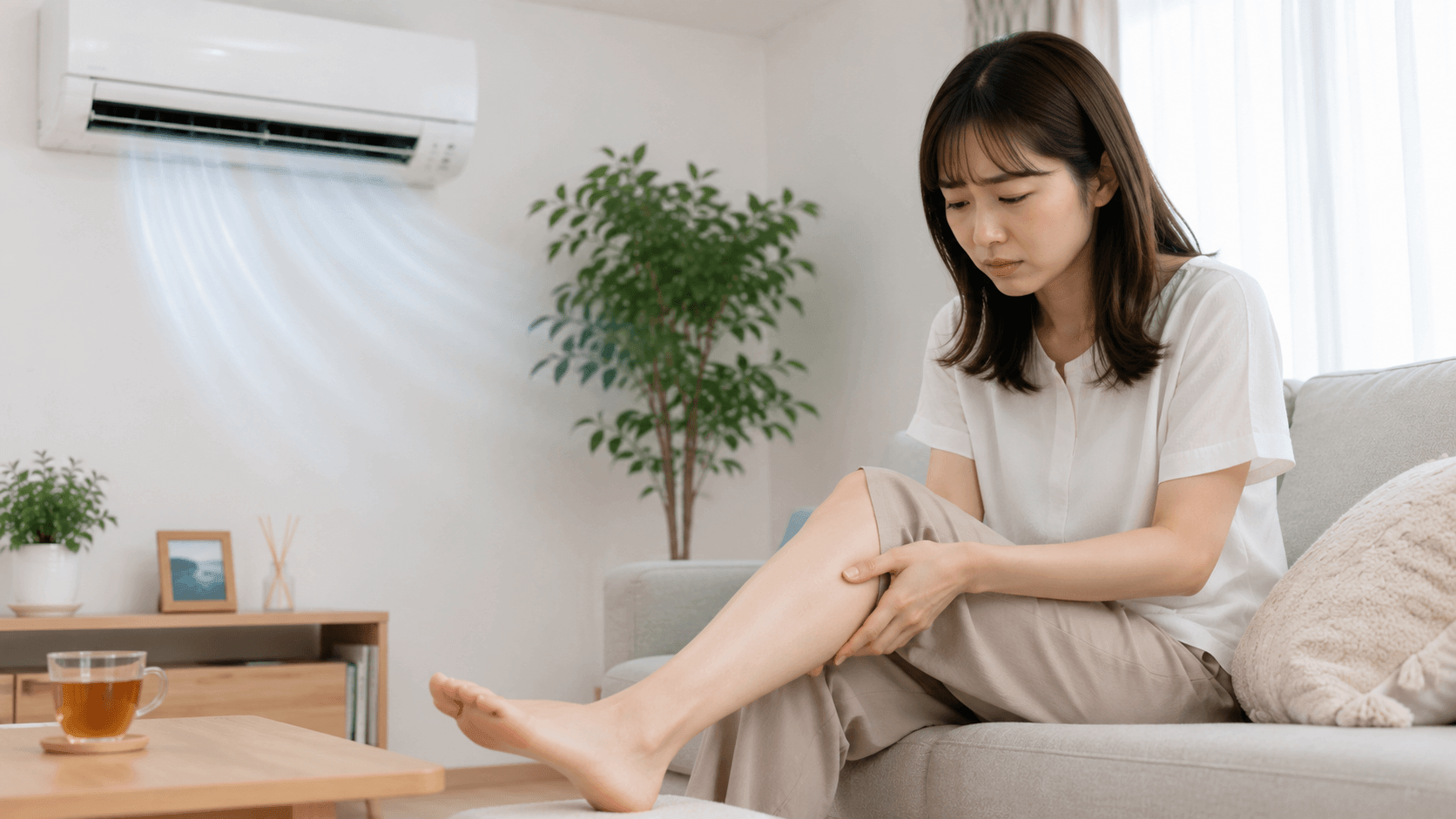 ふくらはぎを触りむくみを確認する女性